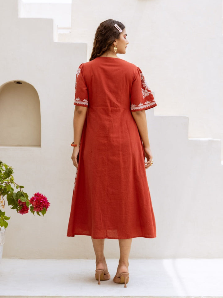 Viva Brick Embroidery Cotton Dress