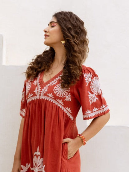 Viva Brick Embroidery Cotton Dress